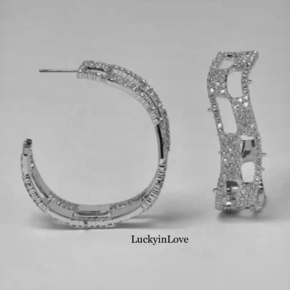 ALEXIS BITTAR • Silver Crystal Georgian Checkerboard Wavy Hoop Earrings